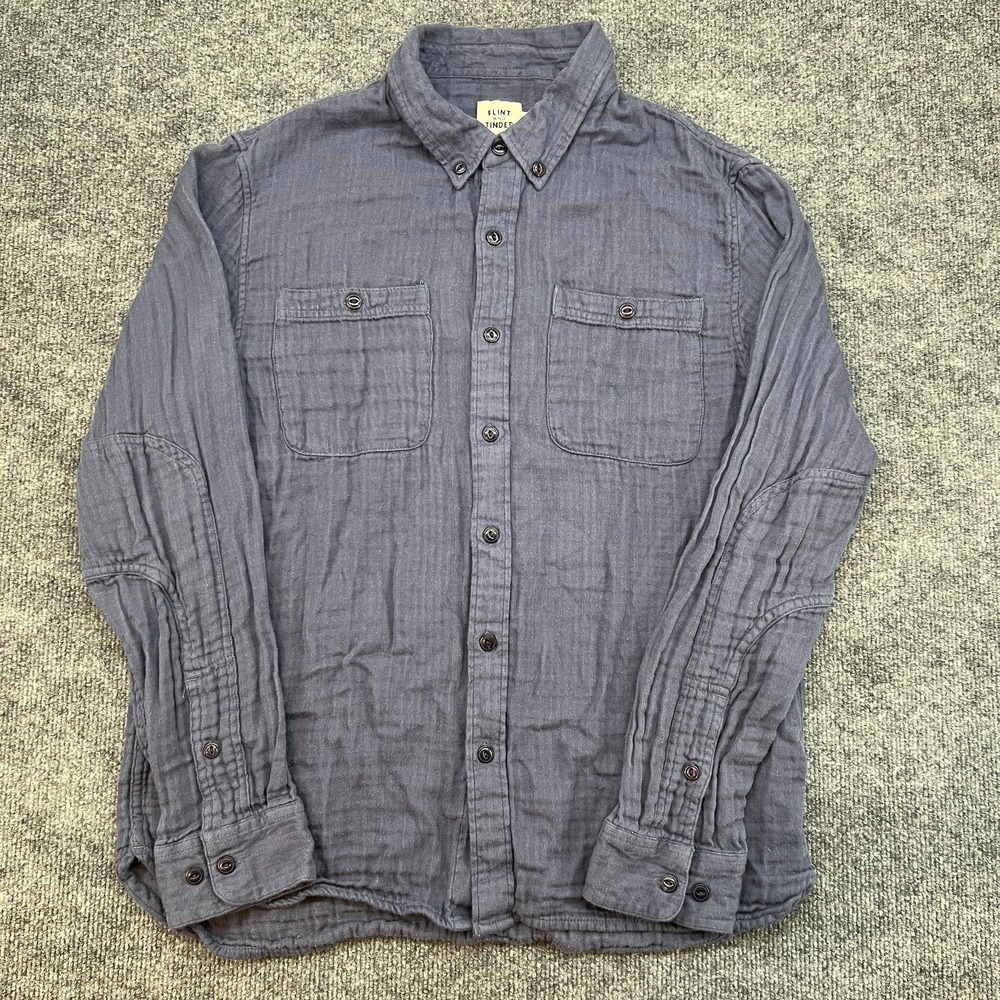 FLINT AND TINDER Shirt Long Sleeve Gauze Button Up Cotton Men Blue SIZE L